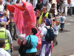 pink puppets in the 2pm parade