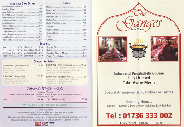 the ganges penzance takeaway menu